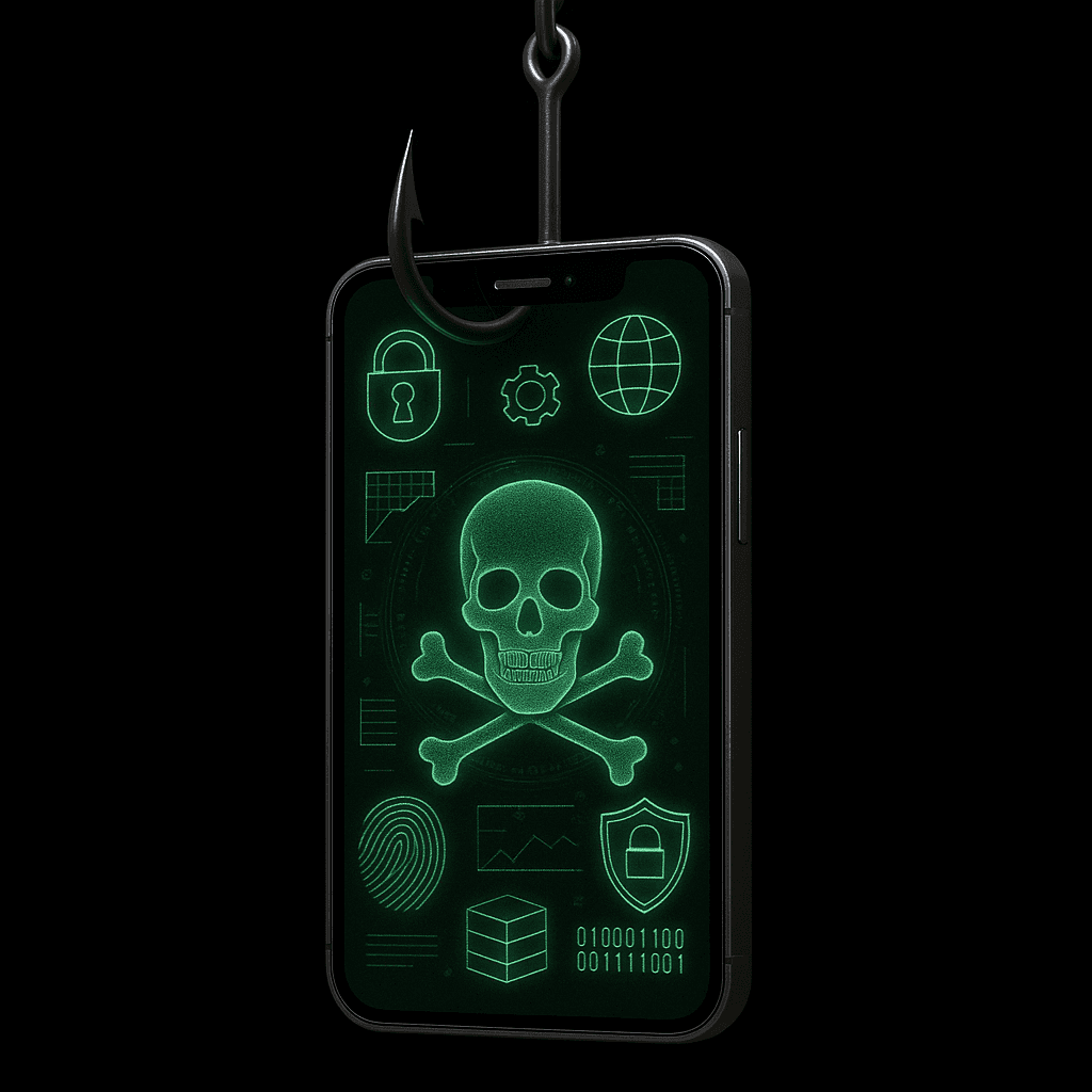 Smartphone with icons representing cybersecurity threats and a fishhook above, symbolizing phishing attacks.