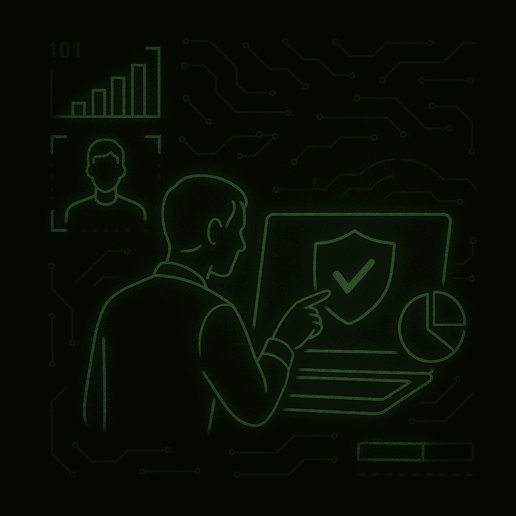 Person pointing at a laptop screen with a security shield icon, surrounded by graphs and circuit patterns.