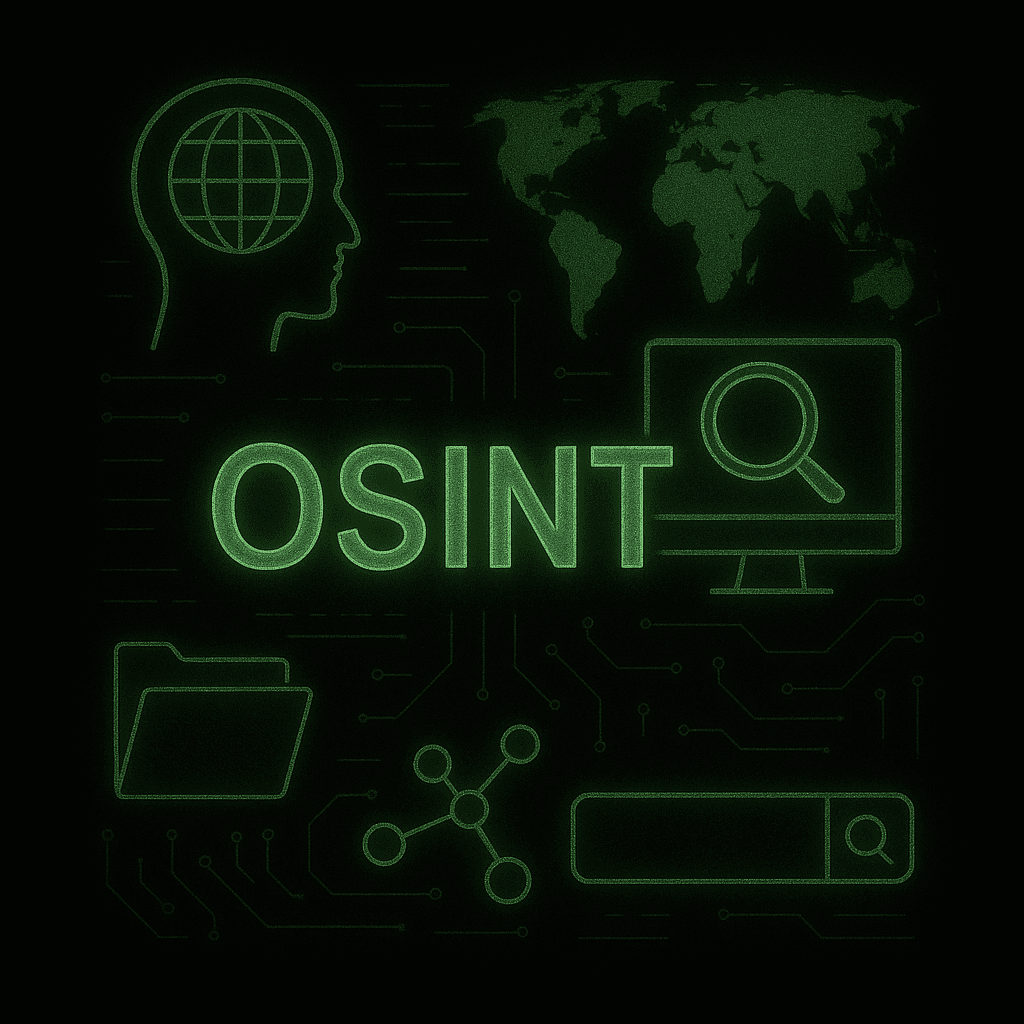 Digital illustration with symbols representing OSINT, including a globe, search icon, and folder.