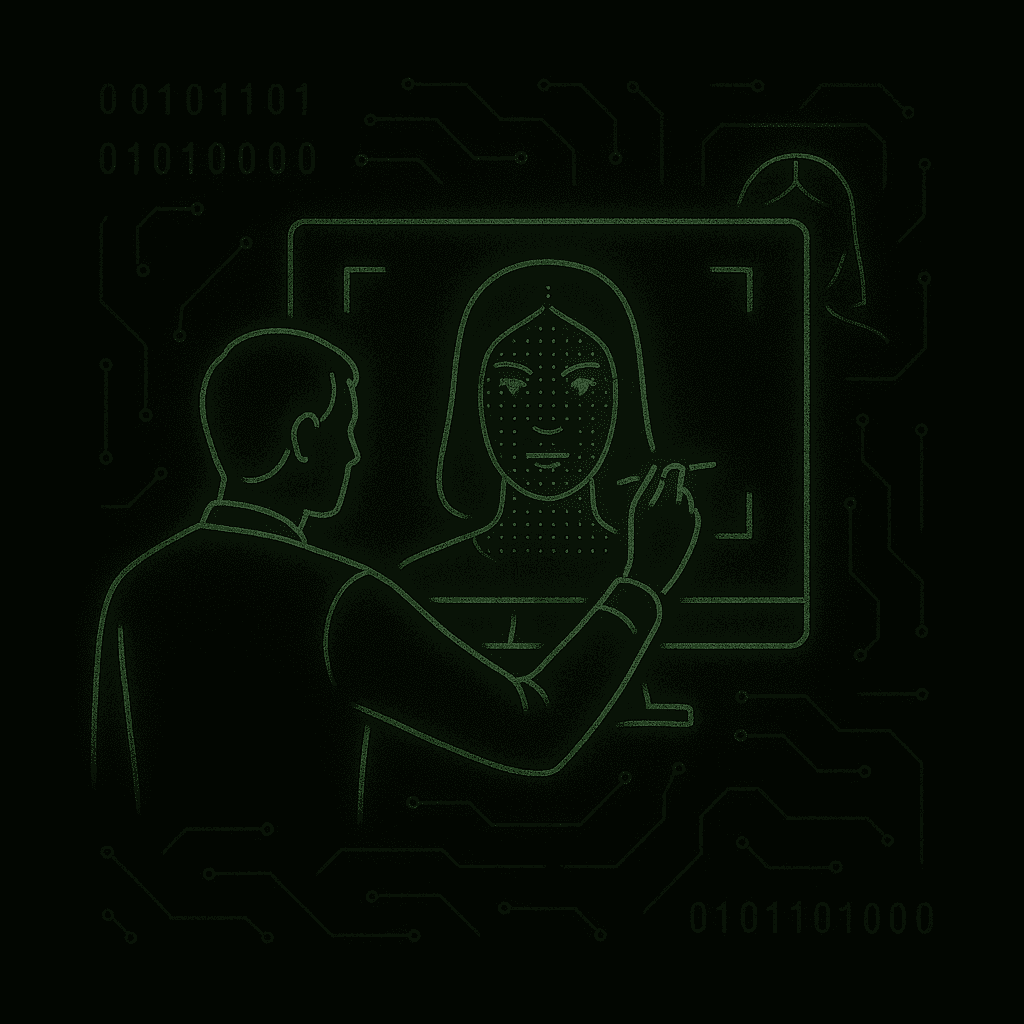 Person programming a digital avatar on a screen with binary code and circuit patterns in the background.